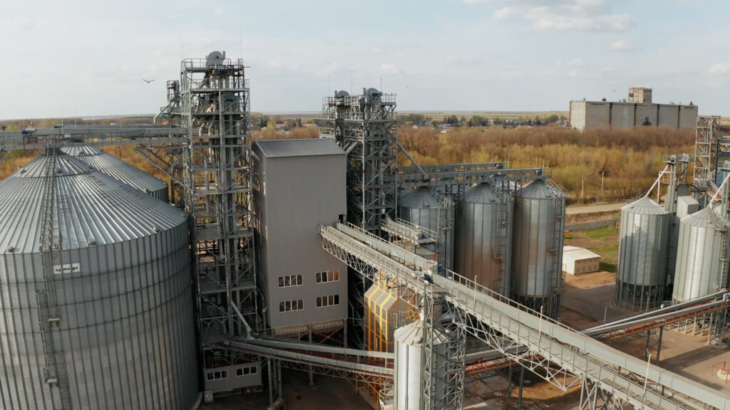 Aerial view of grain storage elevators. Grain storage. Grain handling equipment.