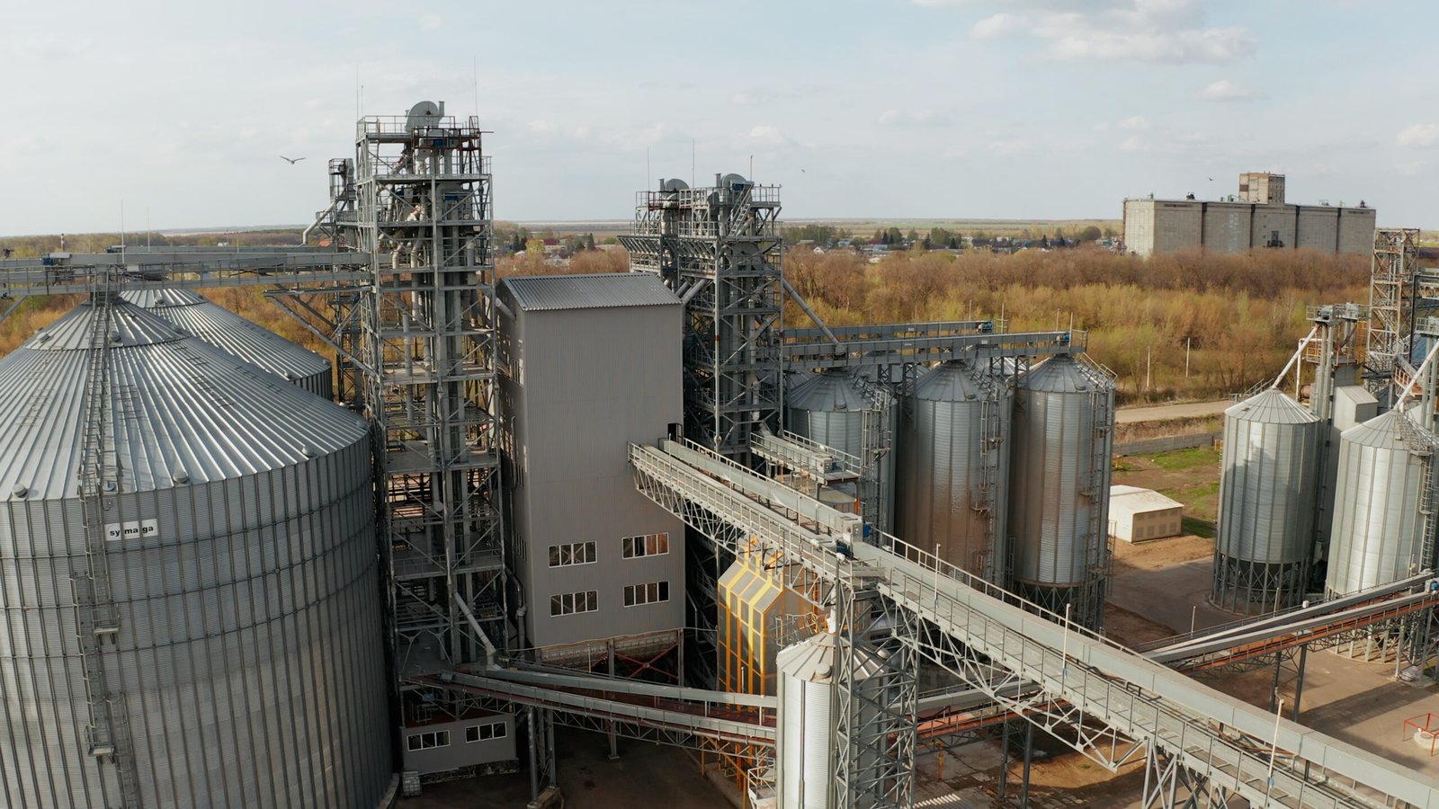 Aerial view of grain storage elevators. Grain storage. Grain handling equipment.